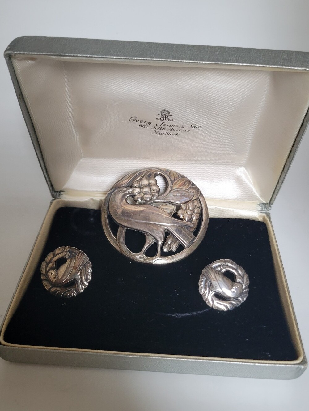 Georg Jensen SS Brooch #53 Bird Eating Berries and SS Srewback Dove Earrings #66